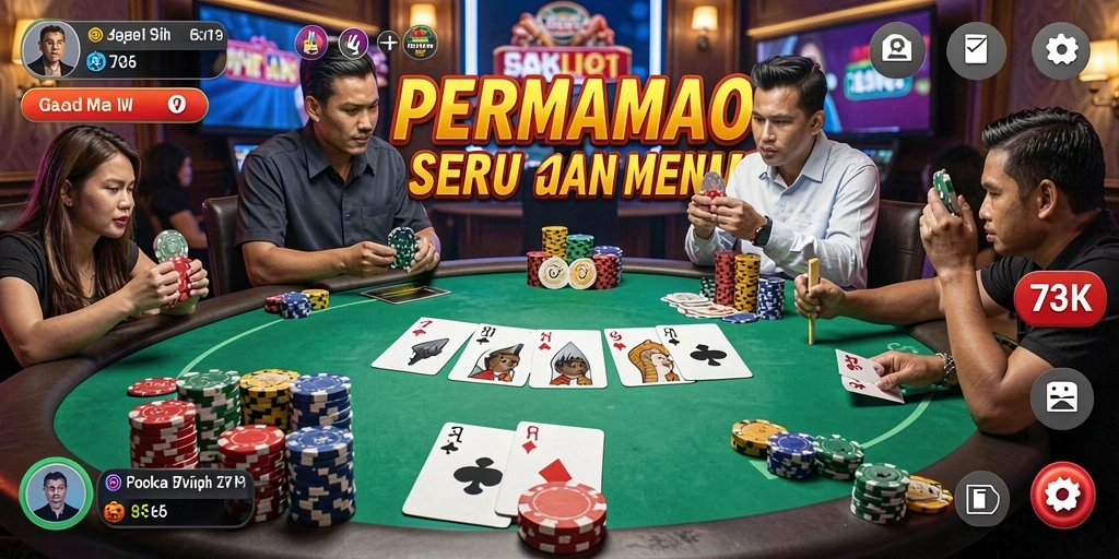 Tampilan screenshot utama 73K yang menunjukkan aksi permainan Poker yang menarik.