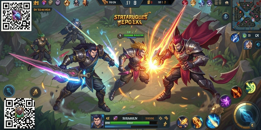 Tampilan screenshot 8QR menampilkan aksi pertarungan karakter MOBA.