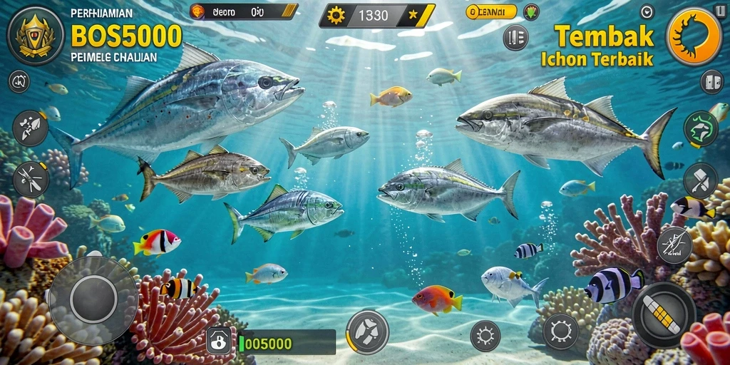 Screenshot utama BOS5000 menunjukkan aksi seru dalam permainan Tembak Ikan.