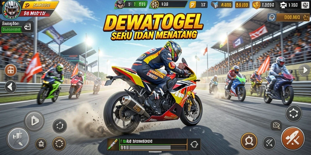 Gameplay seru DEWATOGEL dengan balapan motor yang mendebarkan.