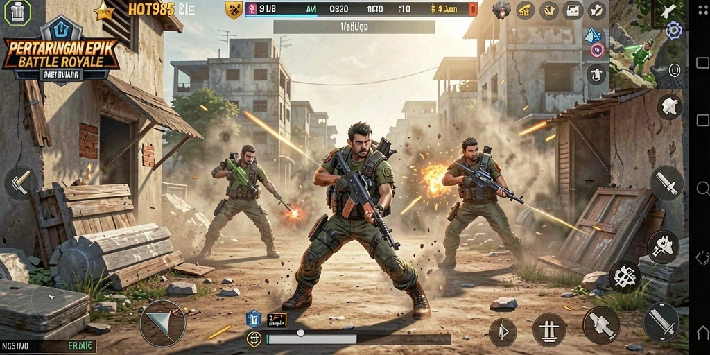 Screenshot utama HOT985 menampilkan aksi seru Battle Royale.