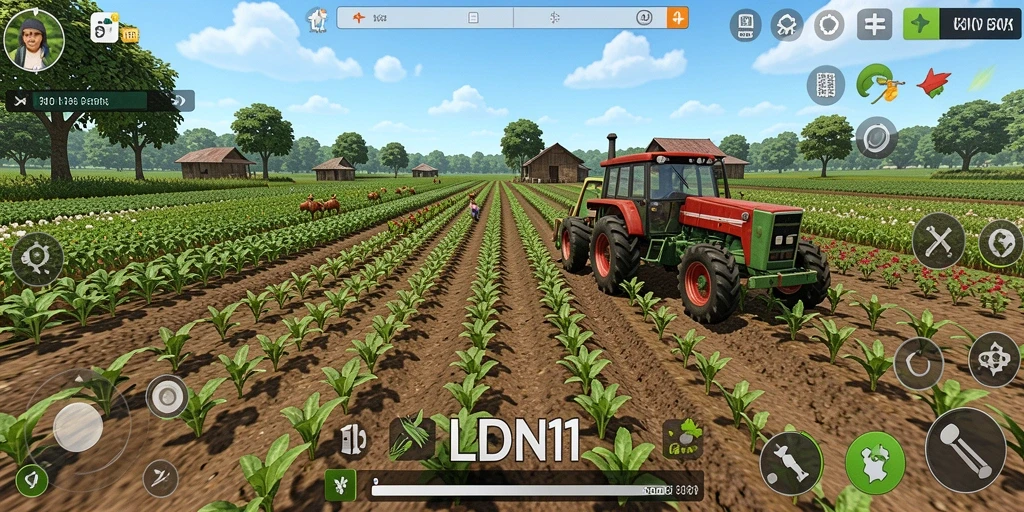 Tangkapan layar gameplay LDN11 menampilkan petani yang sibuk merawat tanaman di ladang.