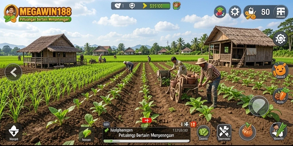Tampilan gameplay MEGAWIN188 dengan pertanian yang rapi dan hewan ternak.