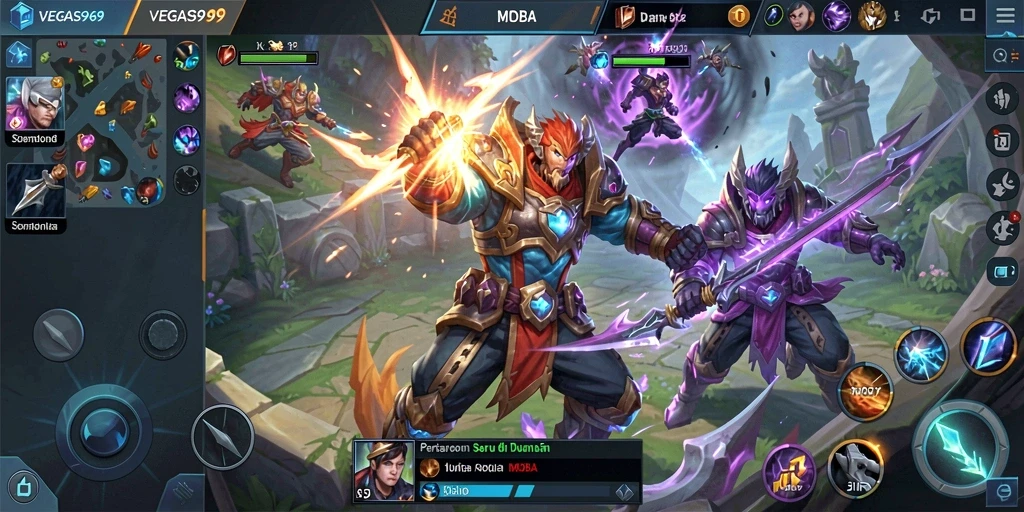 Screenshot gameplay VEGAS969 yang menunjukkan pertarungan seru di arena.